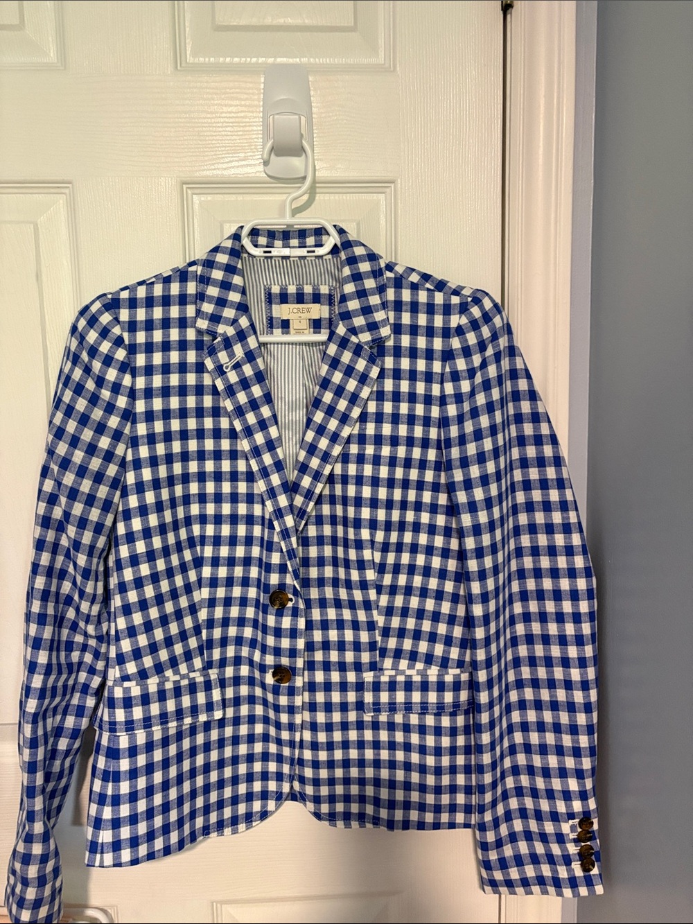 J. Crew Blue and White Gingham Blazer Jacket linen/cotton mix.